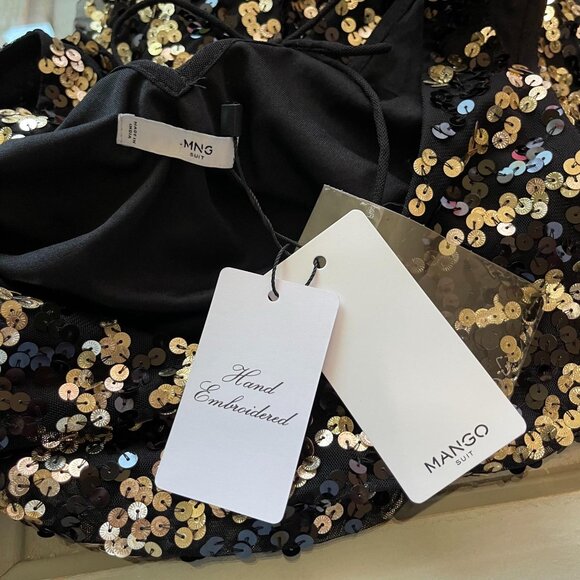 Mango Cocktail Party Sequined Zebra Mesh Mini Dress Womens XXS Black Gold NEW - Picture 8 of 8